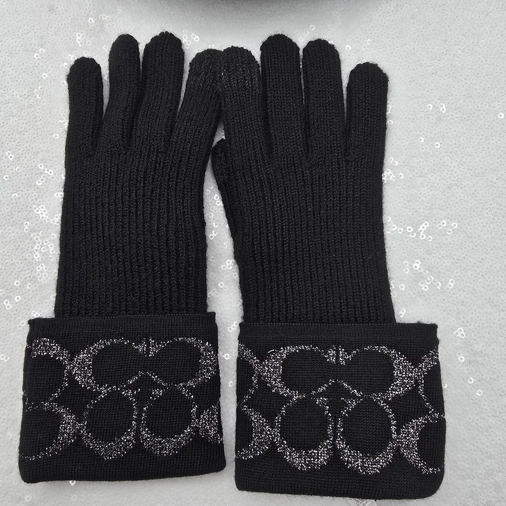 Coach Winter Knit Tech Gloves Black Silver Metallic Merino Warm Wool